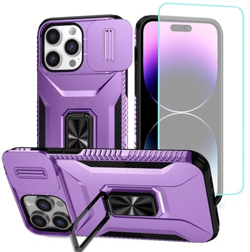 Wanyuexes Case for iPhone 14 Pro Max Case,Apple 14 Pro Max Case with Tempered Glass Screen Protector and Slide Camera Cover, Rotated Ring Car Mount Holder Shockproof Cover for iPhone 14 Pro Max Purple