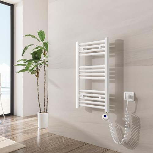 Heilmetz Badheizkörper Elektrisch mit Heizstab 250W Leistung 700 x 400 mm Weiß Gerade Bad Heizkörper Handtuchwärmer Handtuchtrockner mit Thermostat Timer