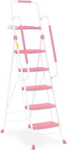 MLQUC Laddersladder 5 Step Ladder with Handrails, Foldistep Stool with Tool Platform, 330 Lbs Portable Steel Ladder Ladder/Pink-5-Step