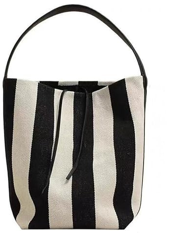 LXJYDN Schultertasche Frauen Mode Schwarz Und Weiß Gestreifte Leinwand Tasche Große Kapazität Tote Bag Eimer Tasche-Schwarz Weiß