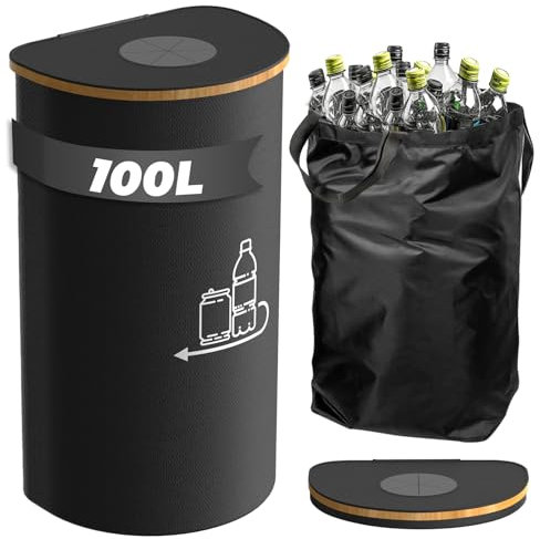 Biigdan 100L Pfandflaschen Sammelbehälter mit Deckel,Groß Pfandflaschen Behälter ,Leergut Sammelbehälter&Altglas Aufbewahrung,Pfandsammelbehälter,Flaschensammler mit Loch für Küche