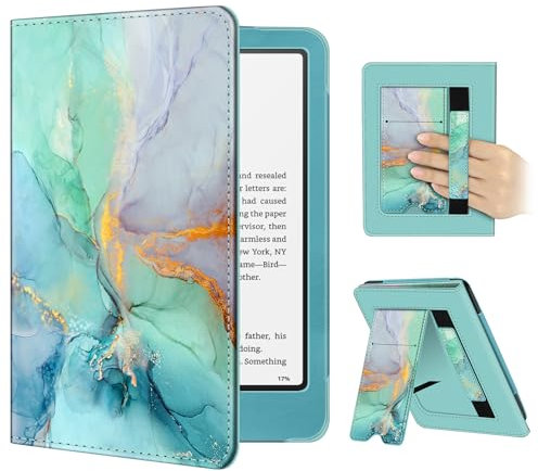 FINTIE Étui pour 7 Kindle Paperwhite (12e Génération, 2024) et Kindle Colorsoft (1re Génération, 2025/2024), Coque avec Béquille, Compartiment pour Cartes et Dragonne, Marbre Émeraude