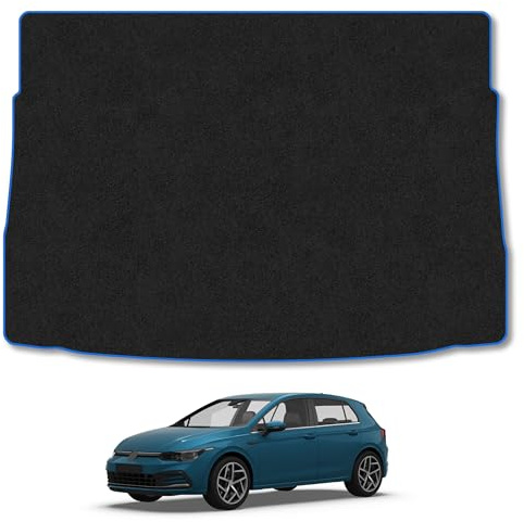 VW Golf (2020+) Carpet Boot Mat | Blue Edge Trim Tailored Fit Boot Liner Full Coverage Protection Accessories Easy Clean Anti Slip Made in the UK