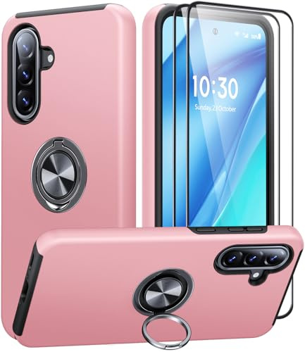 AOUIA für Samsung Galaxy A56 5G Hülle mit 360° Drehbarer Ring Ständer | Militärischer Stoßschutz Samsung A56 5G Hülle Handyhülle für Samsung A56 5G mit 2 Stück Panzerglas, Rosa