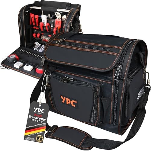 YPC Foreman Werkzeugtasche XL– Tragbare Aufbewahrungstasche mit Karabinerhaken, Wasserfest, Reißfest, Stabiler Metallgriff & Schultergurt mit Polsterung, Schwarz, 37x36x27cm – 20 kg Tragkraft