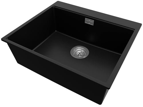 PRIMAGRAN Fregadero Cocina Noiro 58x50cm, Fregadero Granito 1 Seno + Sifón, sobre encimera al mueble 60cm - Oslo