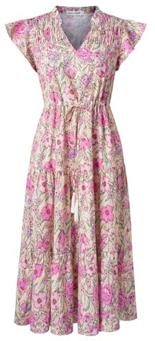 GRACE KARIN Ladies Boho Casual Summer Dresses for Women UK Short Cap Sleeve Ruffle Flowy Midi A-Line Beach Dresses Apricot Pink Floral XL