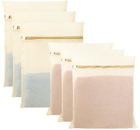 6Pcs Organic Cotton Mesh Laundry Bags for Delicates, Durable Mesh Wash Bags, Sturdy Zipper Laundry Bag for Underwear, Clothes, Shoes, Socks, (3 Large, 3 Medium)