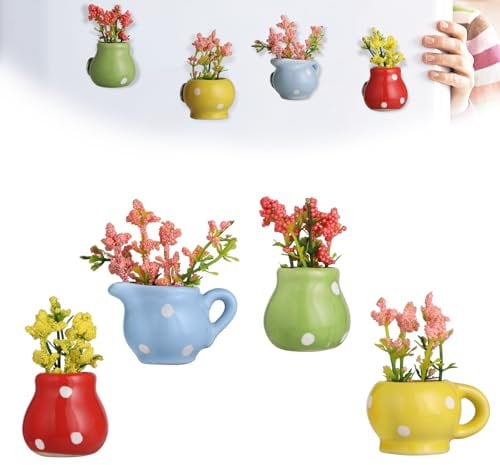 WD&CD 4 Pack Mini Vase Magnets for Fridge, Cute Ceramic Vase Fridge 3D Plant Funny Mini Plant Magnets for Refrigerator Decoration Kitchen Locker Kitchen Office