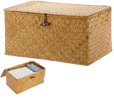 Rattankorb Aufbewahrungskorb aus Seegras , Geflochtener Korb mit Deckel, Rattankorb Aufbewahrungskorb, Handgewebte Aufbewahrungskörbe für Heim Organizer, für Spielzeug, Kleidung (M, Orange)
