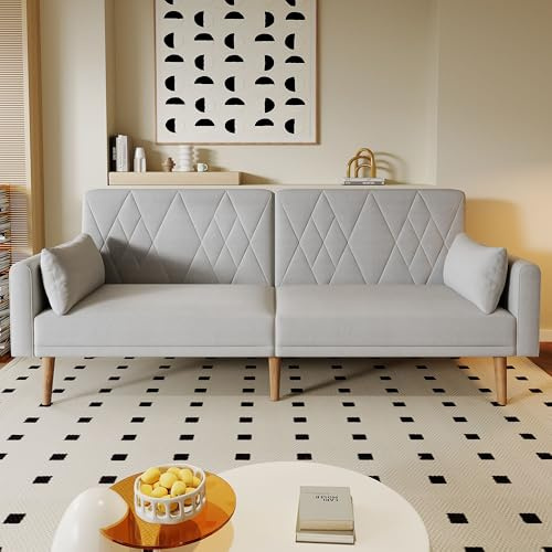 Merax Sofa mit Schlaffunktion, Klappsofa Schlafsofa Bettcouch 2 Sitzer, 3 Verstellbare Winkel, 2 Kissen, Samtstoff, für Wohnnung/Heimkino/Büro, 180 * 75 * 82cm/Grau