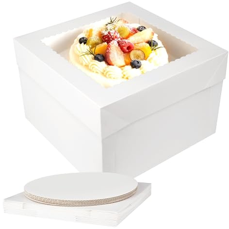 Nuangoo 5er Pack Tortenbox Set,Tortenkarton,Tortentransportbox, Tortenkarton Hoch mit Fenster, Tortenschachtel mit Kuchenbrett Cake Board,geeignet für Torten, Desserts, Gebäck und Kekse (12x12x8inch)