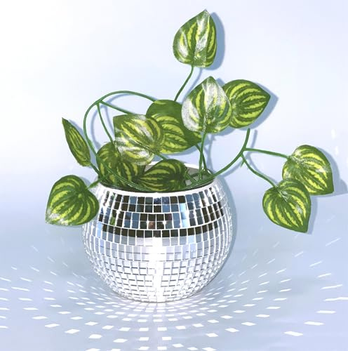 BAOBYAO Silber Glas Discokugel Blumentopf,Klein Discokugel Vase,4x5x5Zoll | Mosaik Discokugel Pflanztöpfe,Spiegelkugel Pflanzgefäß,Disco Kugel Übertöpfe Discokugel Deko Töpfe für Party Büro,Küche