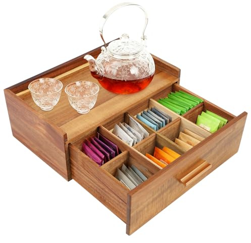 Gachiwar Caja de té de madera con 8 compartimentos, 32,3 x 20,5 x 12,5 cm, caja de almacenamiento de té, tipo cajón con asa, para guardar bolsas de té y hierbas