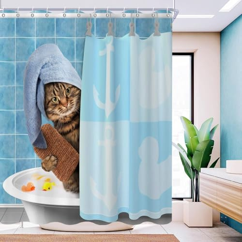 GCIREC Duschvorhang, 180x200cm, Abstraktes Niedlich Katzees Lustiges Kätzchen Badet Gelbe Gummiente Wasserdichter Stoff Maschinenwaschbarer Badezimmervorhang mit Haken