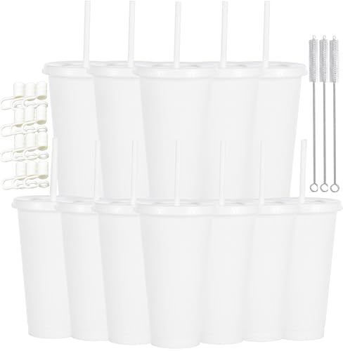 CuppaLifes 12 Pack Reusable Plastic Cups with Lids and Straws, 710ml Cold Tumbler Cups for Slushie and Drinks, Party Cups for Adults Travel Beach Picnic Birthdays (12, White)