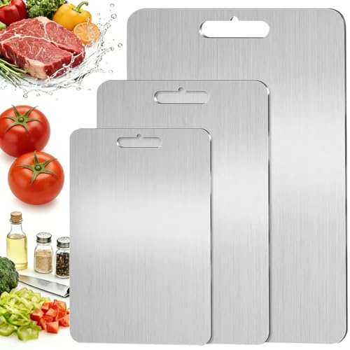 Edelstahl Schneidebrett Set 3-teilig,1mm Ultra-Dünn&Flexibel | Spülmaschinenfest & Rostfrei, Doppelseitiges Schneidebrett für Fleisch und Gemüse, Messerschonend 25x15, 29x20, 28x39cm