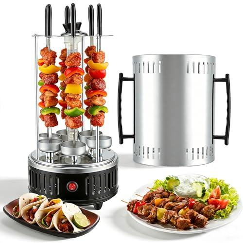 Aofesel Barbacoa eléctrica de mesa de acero inoxidable, 1000 W, parrilla vertical con 12 pinchos y rotación automática, sin humo y calor rápido hasta 500 °C, ideal para el hogar, balcón, jardín y