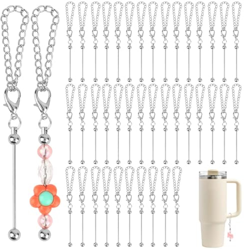 ktxaby 40 Pcs Beadable Cup Charms,Silver Beadable Charm Chains for Stanley Tumblers,DIY Blank Beaded Cup Accessories for Straw Toppers and Jewellery Making