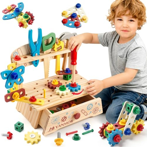 Vanmor Werkzeugkoffer Kinder Spielzeug Montessori Werkbank Holzspielzeug | Kinderwerkzeug Werkzeugbank Lernspiele Geschenk Spielzeug ab 3 4 5 Jahre Junge Mädchen