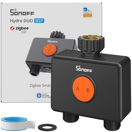 SONOFF SWV-ZF2E Hydro DUO Timer irrigazione Zigbee a 2 zone, ingresso in ottone, IP65, alimentazione Type-C e 4 AA, adattamento meteo con misuratore di flusso, hub Zigbee richiesto, Home Assistant