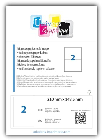 1000 étiquettes 210 x 148.5 mm autocollantes - soit 500 feuilles A4 - planche de 2 étiquettes adhésive A5 210 x148.5 Réf UNIVERS GRAPHIQUE UGCMO1-500 étiquette, colis Colissimo kiala mondial relay
