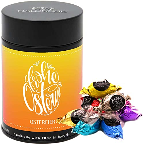 Hallingers Frohe Ostern Osterei - Ostergeschenke für Osterkörbchen zu Ostern, Pralinen Ostereier handmade ohne Alkohol (Dose) - Geschenk im Sommer & als perfektes Grillgeschenk | Glückwunsch Glückwüns