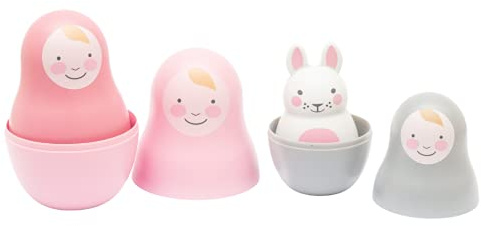 Rosa & Bo Pink Pastel Nesting Babies with Chiming Rattle - Russian Doll Educational Sensory Stacking Toy suitable for 6 months, 1,2 and 3 Year Old Boys and Girls