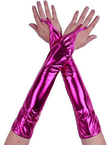 inlzdz Damen Glänzend Handschuhe Metallic Fingerlose Lange Handschuhe Wetlook Lederhandschuhe Tanz Party Clubwear Kostüm (16 Farben) Rosa Rot B One Size