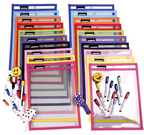 20 Reusable Worksheet Covers A4 Paper | Large Dry-Wipe Pockets 14x10 in. | PET Recyclable Ecological | 10 Colours, 20 Pens, 2 Rubbers and 2 Balloons | School Supplies, Stationery, Nursery, Playgroup