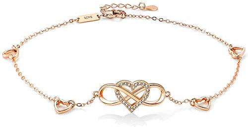 Fußkettchen Damen Unendlichkeitszeichen 925 Sterling Echt Silber Schmuck für Frauen Mädchen,Glitzer Rosegold Herz Fußkette Fußband Infinity Unendlichkeit Unendlich Liebe Geschenk für Urlaub Geburtstag