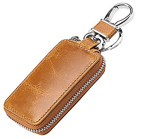 MiOYOOW Leder Autoschlüssel Tasche, Autoschlüssel Signal Abschirmbox, Auto Smart Keychain Münzhalter Auto Fernbedienung Schlüsselanhänger für Frauen und Männer, 8,5 × 2,4 cm