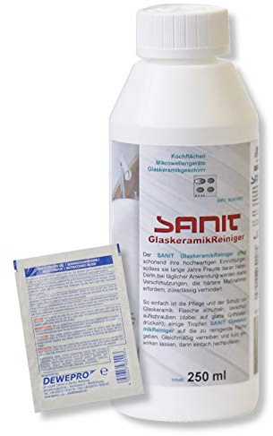 DEWEPRO-Set: SANIT GlaskeramikReiniger (3018) - Flasche à 250ml - starker Reiniger für Ceran-Kochfelder, Mikrowellengeräte und Geschirr, inkl. 1 St. DEWEPRO® Single Scrubs