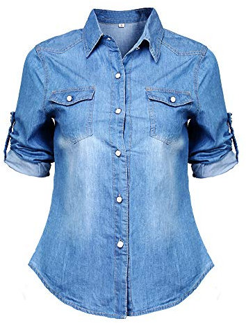 N/AA Women Fashion Long Sleeve Denim Blouses Soft Solid Color Lapel Button Shirt Slim Tops (Blue, M)