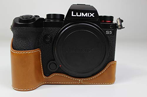 S5 Case, Zakao PU Leather Half Bottom Opening Version Holster Camera Case With Hand Strap Protective Cover Bag Case for Panasonic Lumix S5 (Brown)