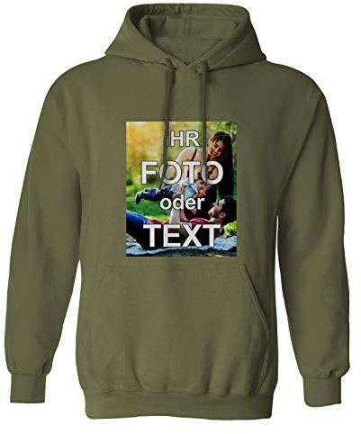 PixiPrints Hoodies mit eigenem Foto Text Logo Name selbst gestalten * vollfarbig Bedruckt * viele Farben und Größen, Farbe:Army (Khaki), Größe:XXL