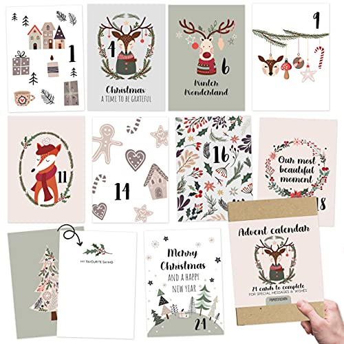 Papierdrachen Karten-Adventskalender 2024 zum Basteln und Verschenken für Englisch Set 7 | 24 Postkarten zum Gestalten | Geschenkidee in der Vorweihnachtszeit| mit liebevollen Motiven zum Aufhängen