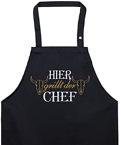 EXPRESS-STICKEREI BBQ Grillschürze - Lustige Kochschürze für Grillfans - Verstellbare Latzschürze für Männer/Frauen - Küchenschürze mit Spruch Hier grillt der Chef - Grillschürze