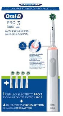 Oral-B Professionelles Pack PRO 3 3000 Elektrische Zahnbürste mit Braun-Technologie + 4 CrossAction Ersatzköpfe, Weiß