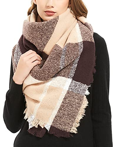 Aodafei Schal Damen Winter Frühling,Weich Warm Schals & Tücher für Damen,Schultertuch Poncho Damen Großer, Bunt Kariert Schal Braun Beige xxl, 140