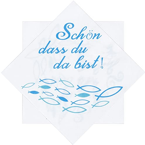 LAMEK 40 Taufe Servietten Junge Konfirmation Papierservietten Kommunion Tisch Deko Blau Fisch Tischdeko 'Schön, Dass du da bist!' Taufdeko Mädchen für Festliche Anlässe, 33x33 cm