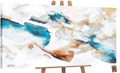 YS Art abstrait modern Emerald Tableau peinte à la main couleurs bleu et blanc avec texture et gouttes d'or Peinture moderne 100x50 cm