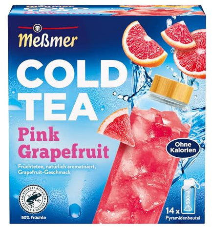 Meßmer Cold Tea Pink Grapefruit – Kaltaufguss mit 14 Pyramidenbeuteln | Erfrischend kalter Früchtetee mit Grapefruit-Aroma, ohne Zuckerzusatz, für unterwegs & Büro – 1 Beutel für 500 ml
