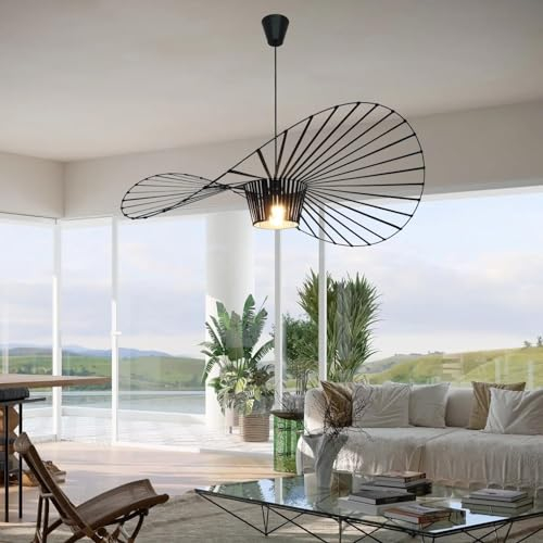 Vintage Hängeleuchte Wohnzimmer LED Vertigo Pendelleuchte (Licht Höhenverstellbar) Fiberglas/PU Hut Lichter E27 Kronleuchter für Restaurant Schatten Modern Schwarz Hängelampe