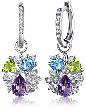JewelryPalace 2ct Echt Blautopas Amethyst Peridot Ohrhänger Silber 925 Damen, Naturstein Schmuck Set, Ohrringe Silber Blume Edelstein Mädchen, Creolen Silber Bunt Modeschmuck für Frauen Geschenke
