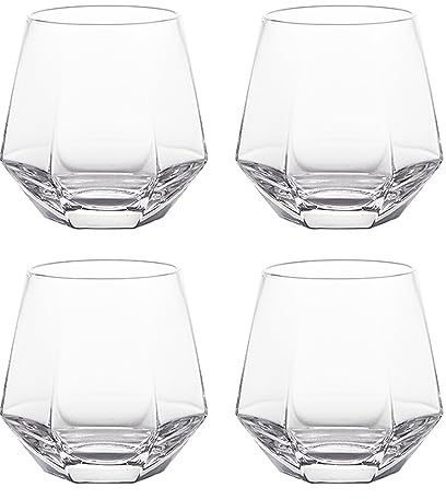 300ml Diamant Whiskey Gläser 4/6 Set, Klar Geometrisch Modisch Wasser Saft Tumbler Gekippt Scotch Glas Modern Look Für Männer Frauen, Freunde, Glaswaren Für Bourbon/Rum/Bar Tumbler