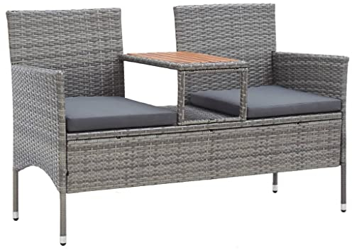 KRHINO Sitzbank Modern Parkbank, 2-Sitzer-Gartenbank mit Teetisch 143 cm Poly Rattan Grau Blumenbank Sitzbank Garten Balkon Balkonbank Grau