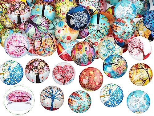 EUES 50 Stück Muggelsteine Bunte Steine, 25mm Glassteine Gemischte Farbe Bunt Steine, Muggelsteine Bunt Flatback, Glassteine Deko für Anhänger Schmuckherstellung Manschettenknöpfe (Lebensbaum)