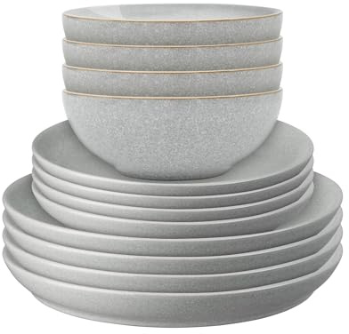 Denby - Elements Light Grey Coupe Dinner Set for 4-12 Piece Ceramic Tableware Set - Dishwasher Microwave Safe Crockery Set - 4 x Dinner Plates, Medium Plates, Cereal Bowls - Solid Colour