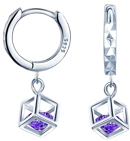 MICMIF Ohrringe Silber 925 hängend für Damen, S925 Sterling Silber Ohrring Würfel Hoop mit Lila Zirkonia, Circle Hoop Ohrringe Schmuck Creolen Klein mit Anhänger für Frauen Mädchen